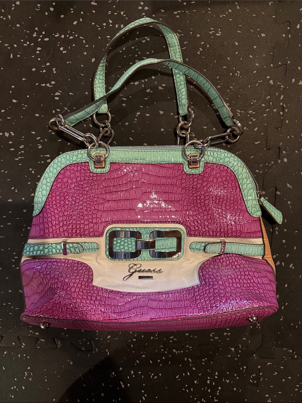 Guess Pink and Mint Croc-Embossed Satchel with Cream Accent